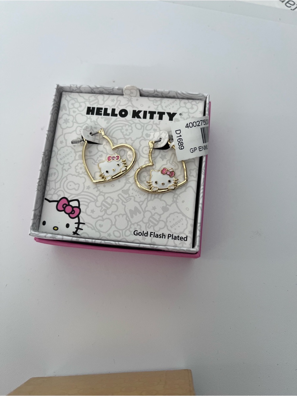 Hello Kitty Gold Plated Heart Hoop Earrings with Pink Bow